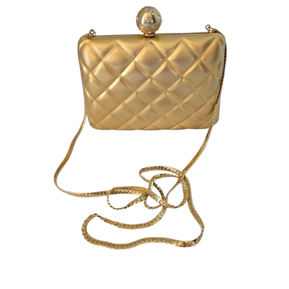 Elan Hard Shell Gold Quilted Crossbody Bag Mini Vintage - Picture 8 of 10